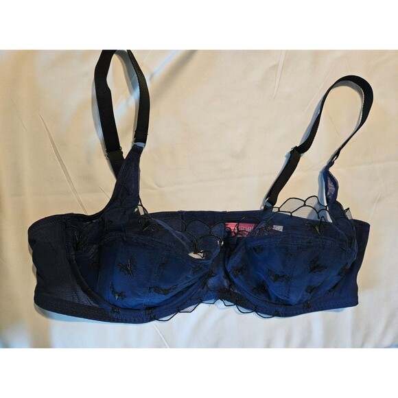 Adore Me Bra Womens 44D Black Bats on Blue Lace Mesh Balconette Underwire BAL - Picture 1 of 7